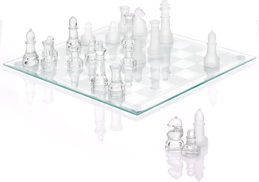 Modern 9.7" Glass Chess Set with Solid Clear & Frosted Pieces, Crystal Board, Felt Padding Included – Elegant & Durable Deluxe Game Set