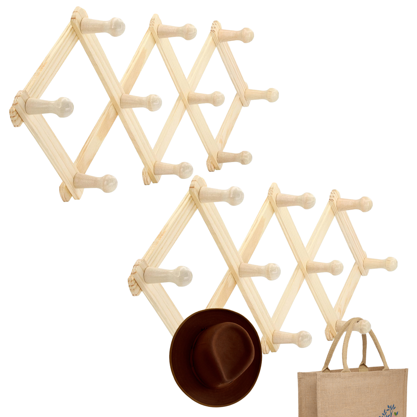 RAM-PRO Accordion Style Wood Expandable Rack Hat, Cap, Belt, Umbrella Coffee Mug Wall Wooden Pegs