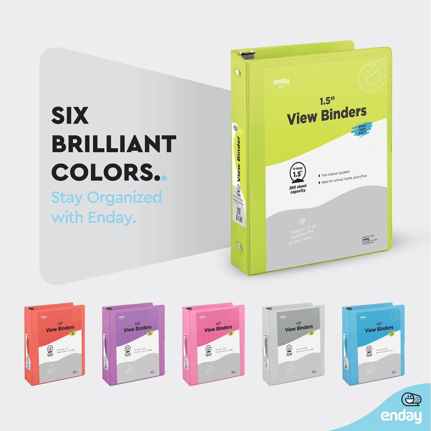 3 Ring Binder, 1.5 Inch Clear View Cover with 2 Inside Pockets Binder, Colored School Supplies 1 ½ Inch Round Ring Binders, in Pink, Red, Blue, Purple, Green, and Grey, Multicolor (6 PC) – by Enday