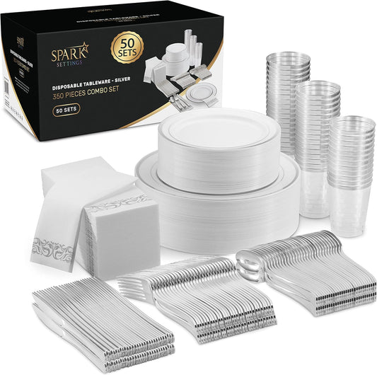 SparkSettings Disposable Plastic Dinnerware Set 350 PC, For 50 Guests