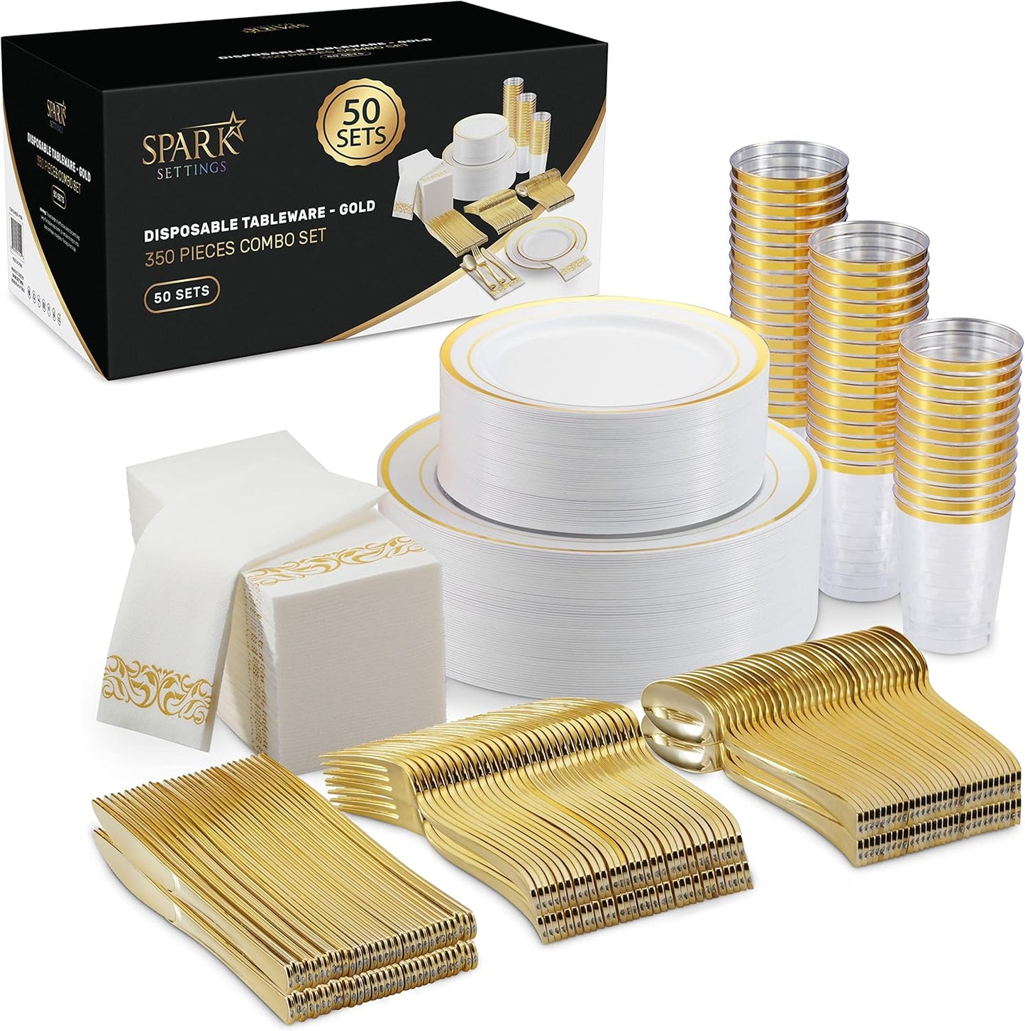 SparkSettings Disposable Plastic Dinnerware Set 350 PC, For 50 Guests
