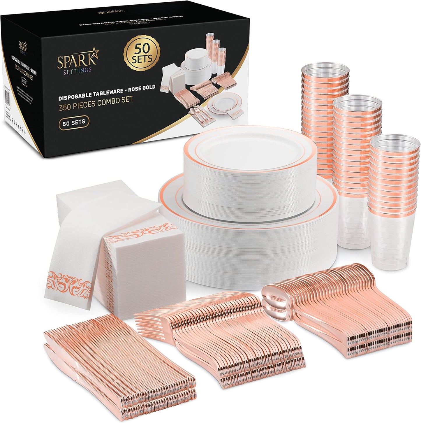SparkSettings Disposable Plastic Dinnerware Set 350 PC, For 50 Guests