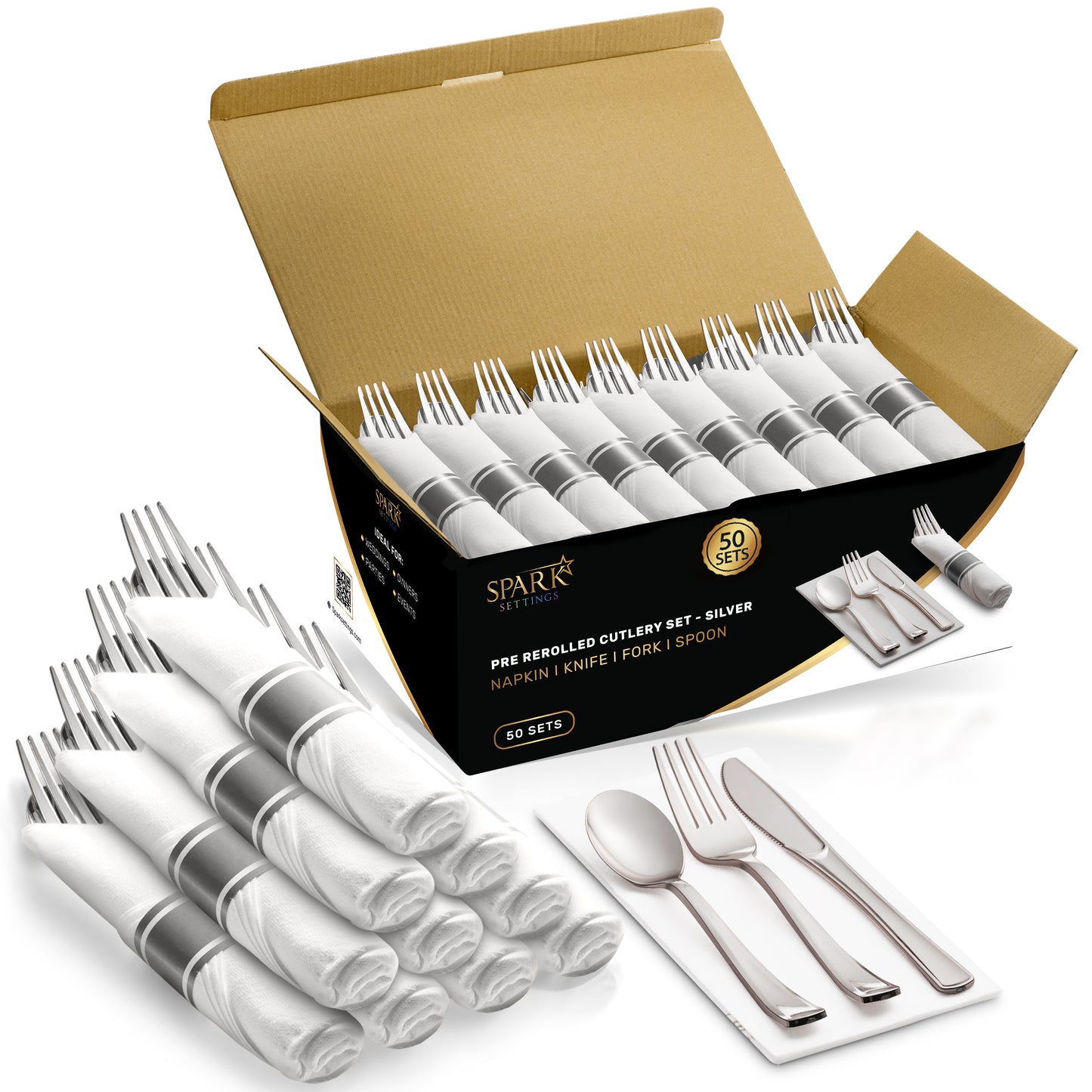 SparkSettings Plastic Silverware, 50 Pre Rolled Napkin and Cutlery Set