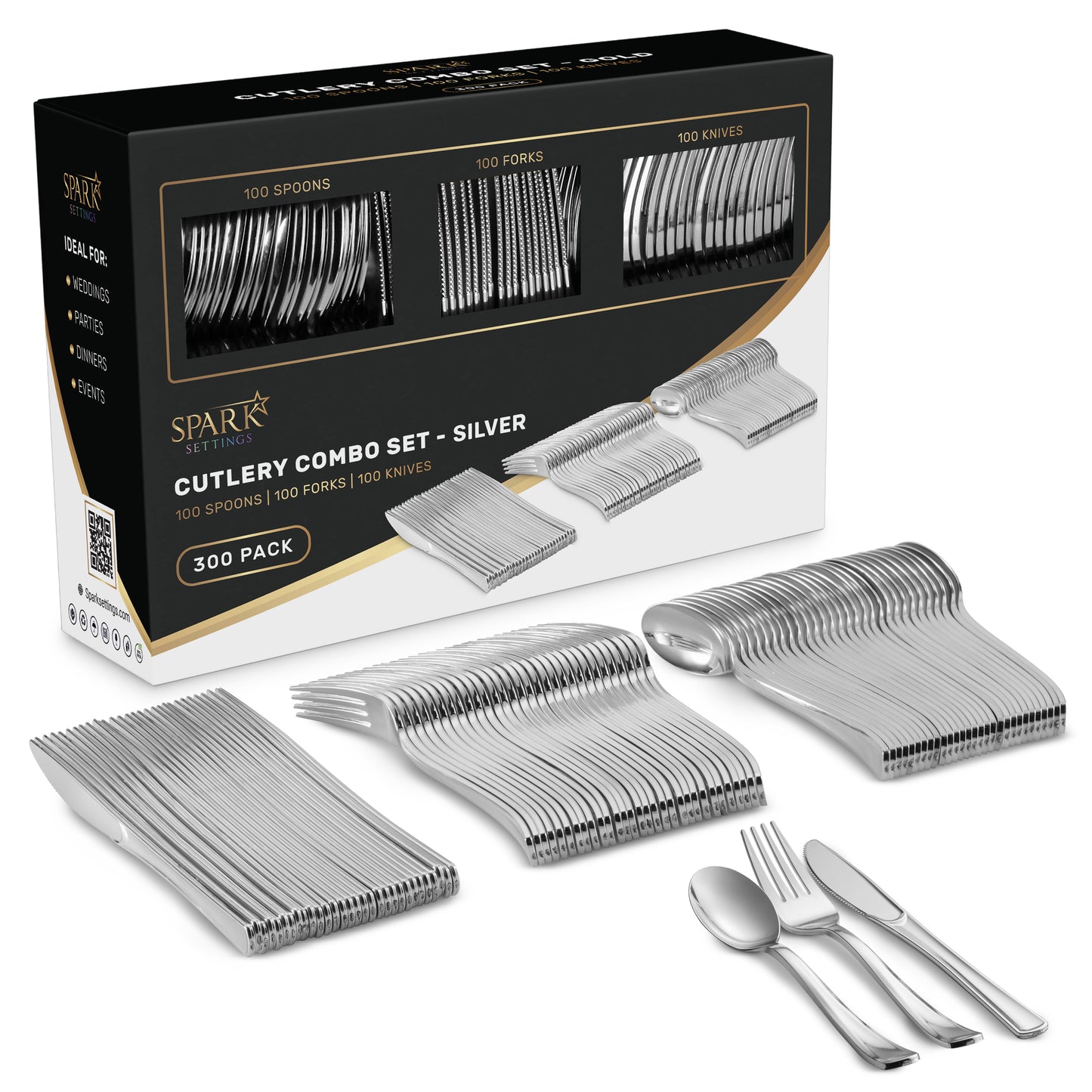 SparkSettings Disposable Plastic Silverware, Set of 300