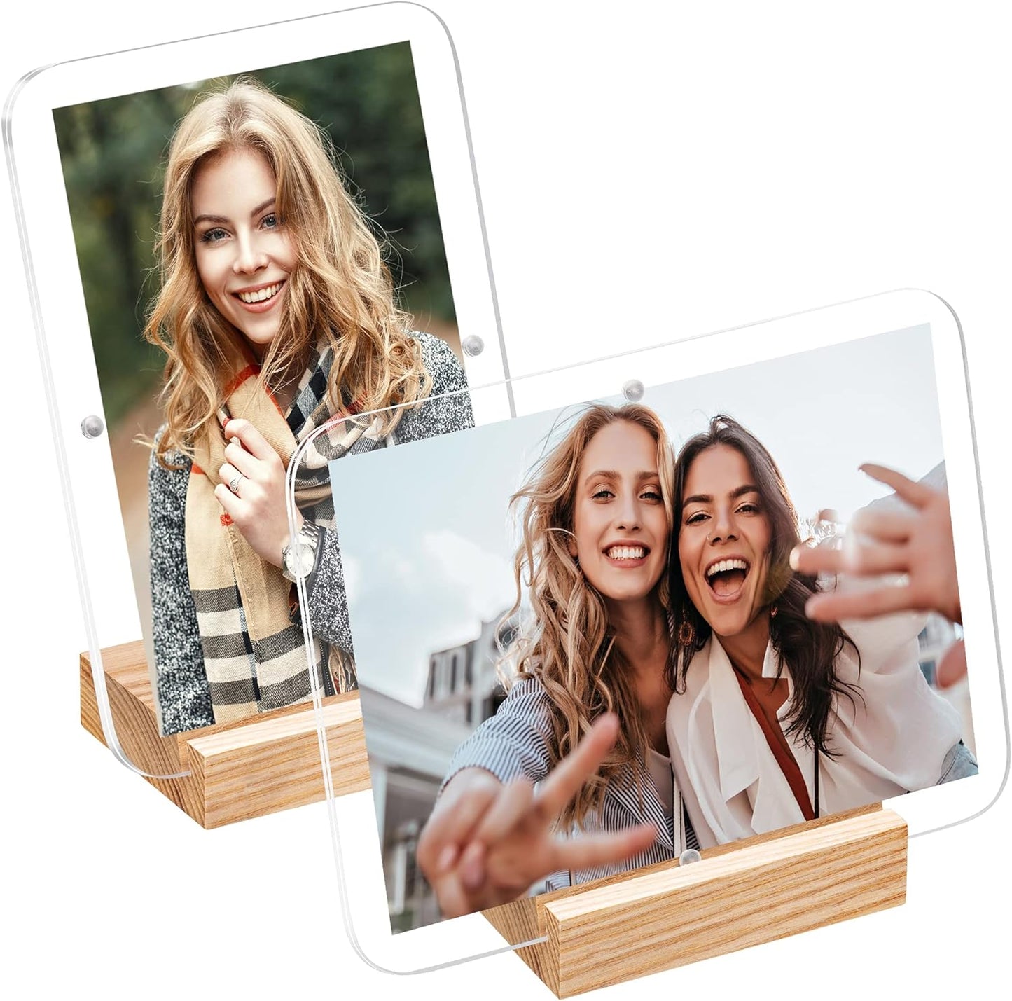 Acrylic Picture Frames, Clear Frame with White Edges & Wood Base, Horizontal & Vertical Picture Frame Set for Tabletop Display | Pack of 2 - Elavain