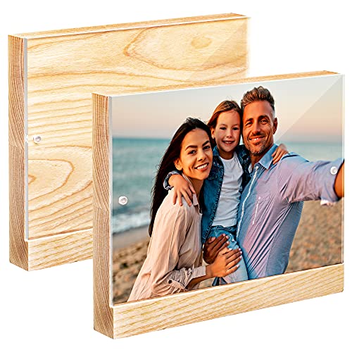 Acrylic Picture Frames, Clear Frame with White Edges & Wood Base, Horizontal & Vertical Picture Frame Set for Tabletop Display | Pack of 2 - Elavain