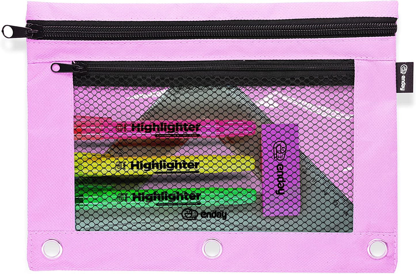 Enday Double Zipper 3-Ring Pencil Pouch With Mesh Window