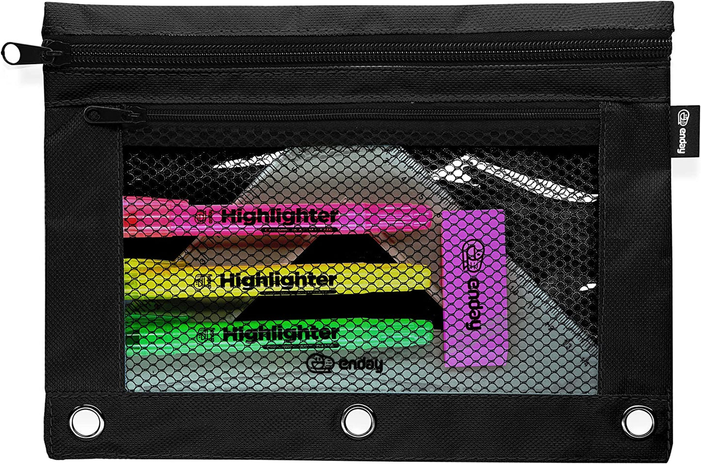 Enday Double Zipper 3-Ring Pencil Pouch With Mesh Window