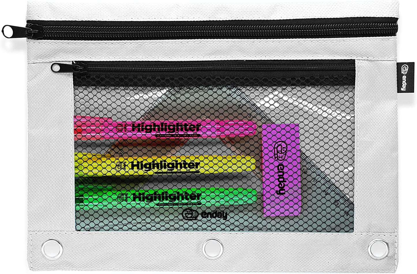 Enday Double Zipper 3-Ring Pencil Pouch With Mesh Window