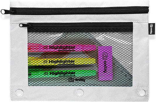 Enday Double Zipper 3-Ring Pencil Pouch With Mesh Window