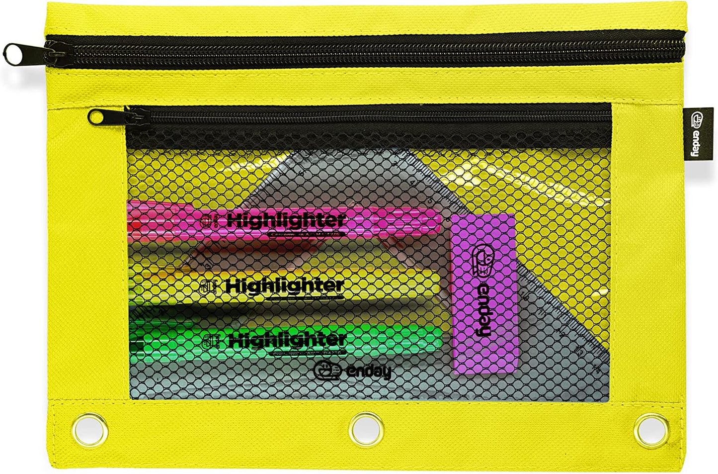 Enday Double Zipper 3-Ring Pencil Pouch With Mesh Window