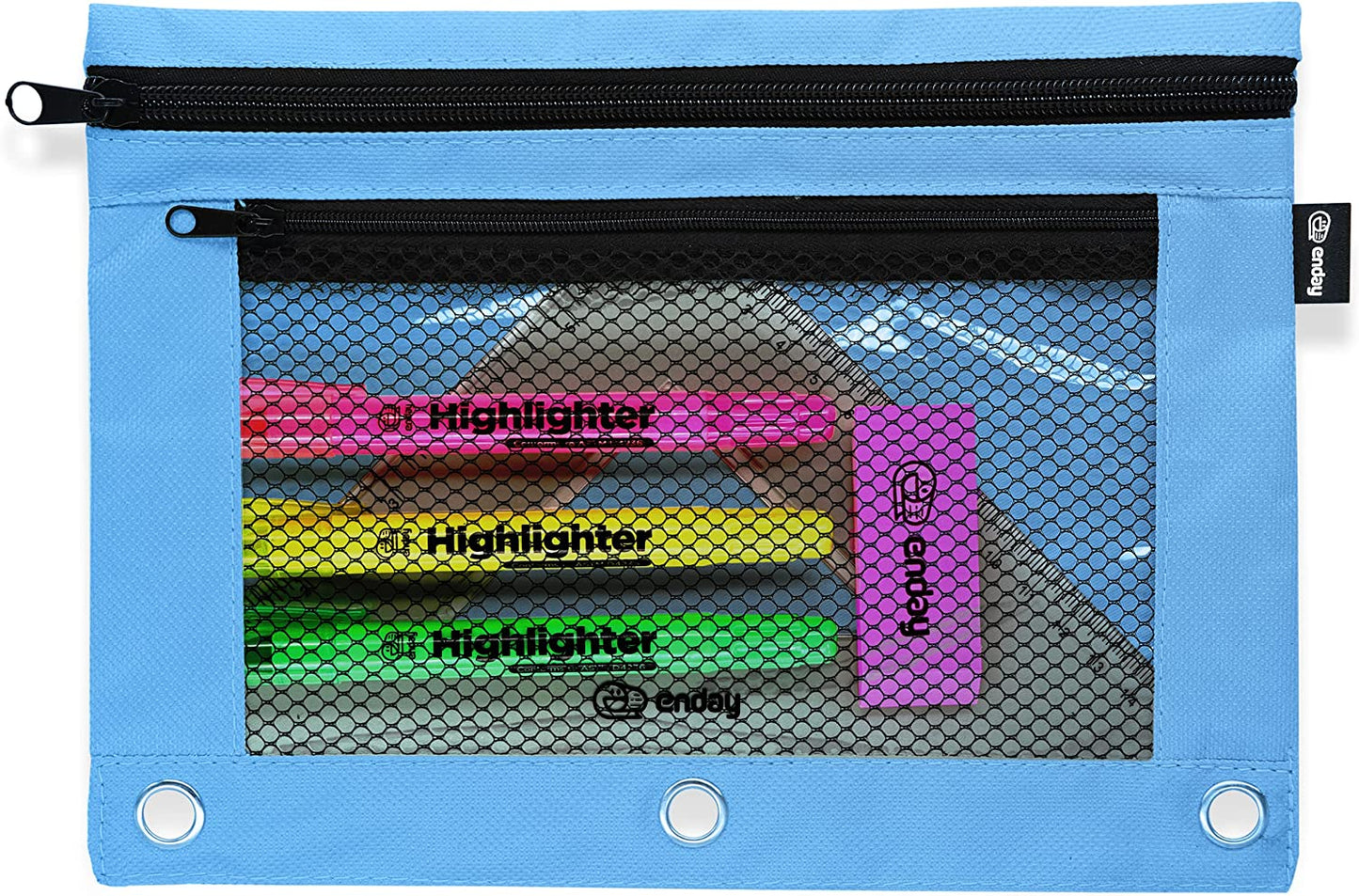 Enday Double Zipper 3-Ring Pencil Pouch With Mesh Window